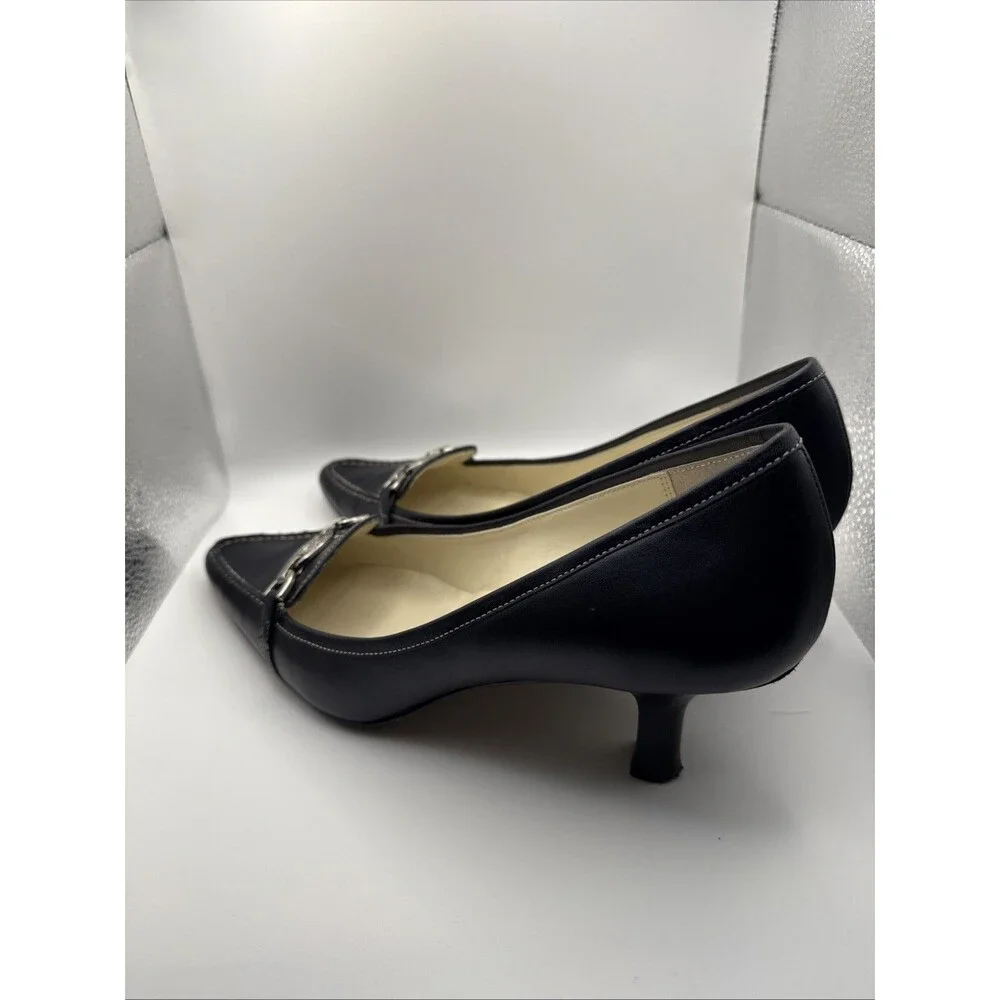 Anne Klein Spencer Kitten Heels Black Leather Gold Chain Pointed Toe Vintage? 9M - Picture 6 of 10